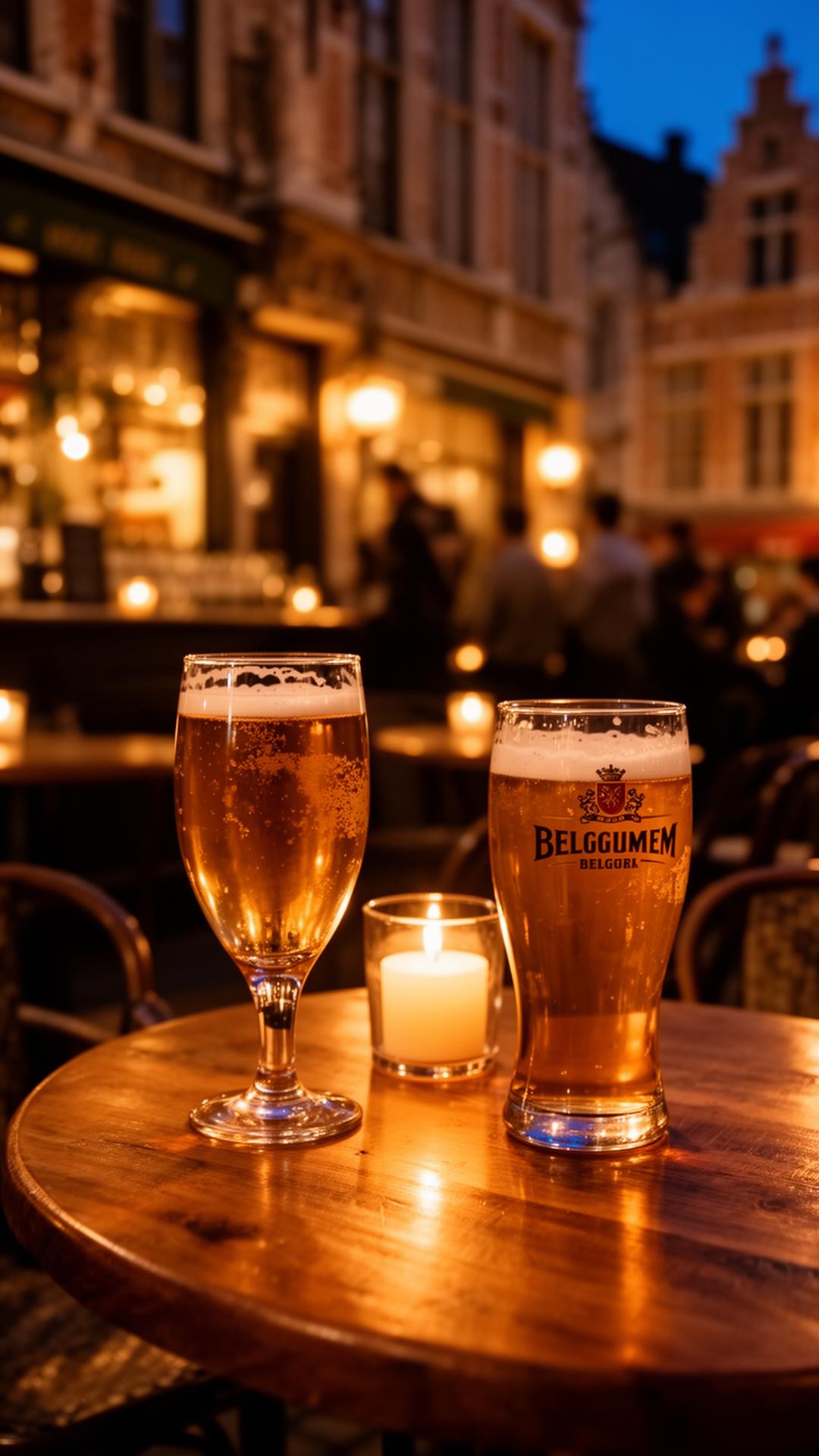 A candlelit terrace in Ghent with two Belgian beers on a wooden table