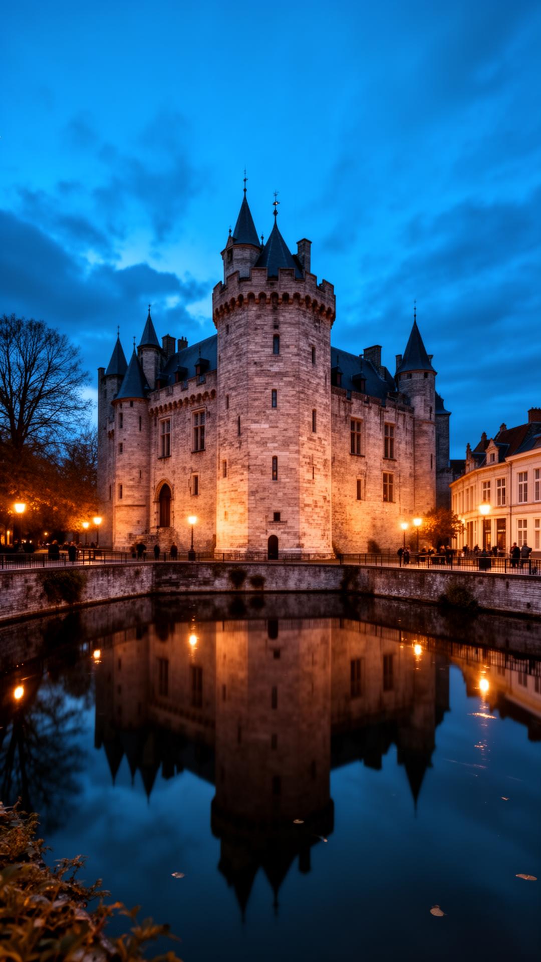 Gravensteen castle in Ghent illuminated at twilight, reflected in the moat