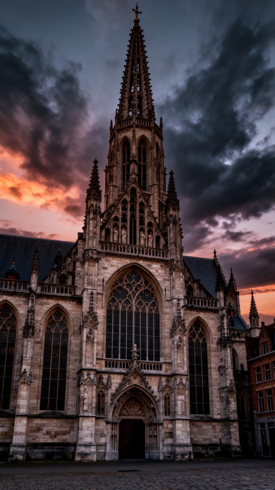St Bavo's Cathedral in Ghent against a moody dusk sky